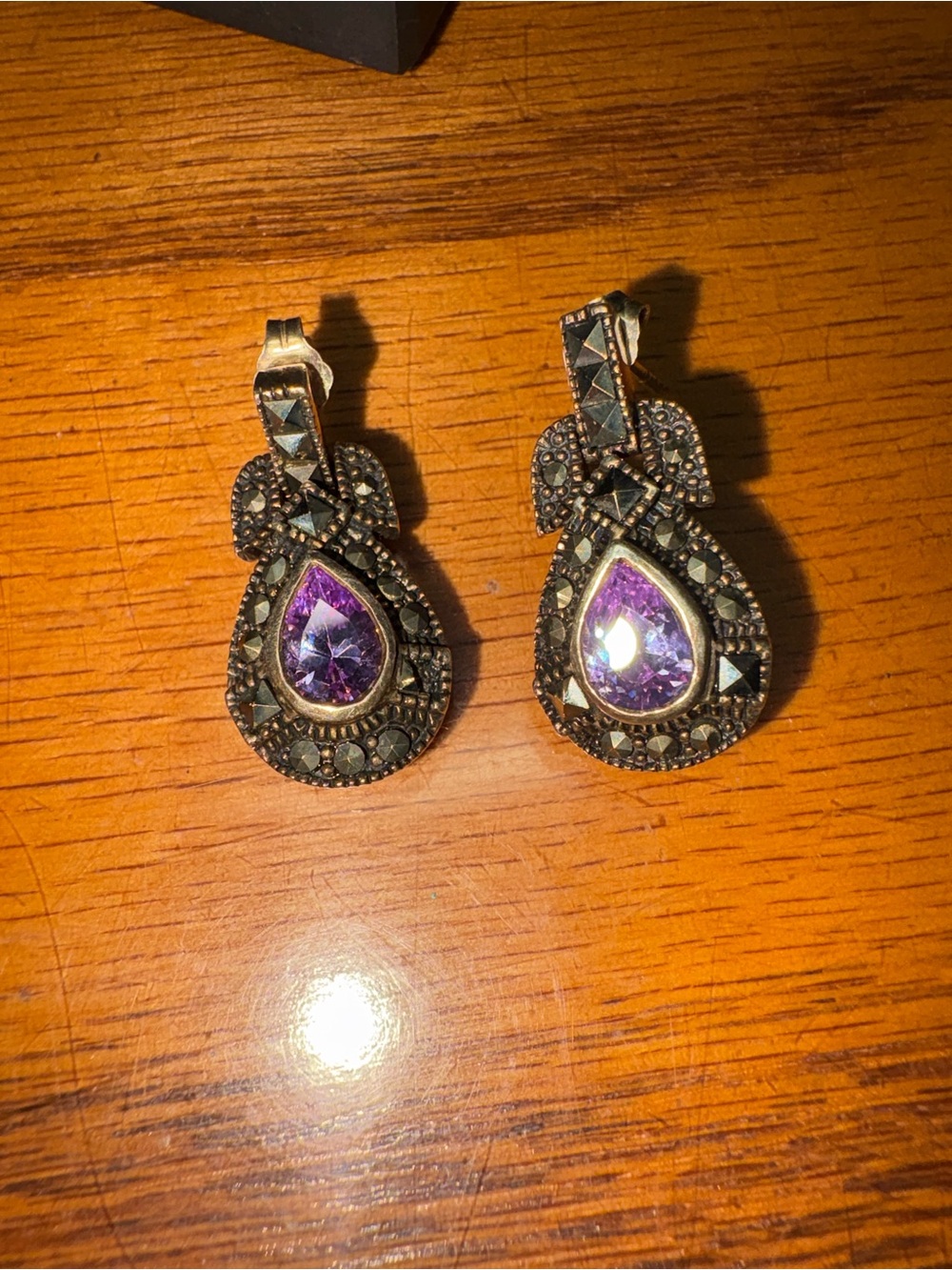 Amethyst Teardrop Marcasite Drop Earrings - Women Jewelry